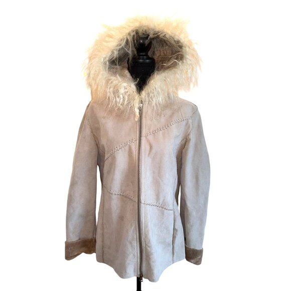 Winlit Jackets & Blazers - Vintage Winlet Ivory Braided Leather Suede Mongolian Fur Hooded Jacket Coat Sz L